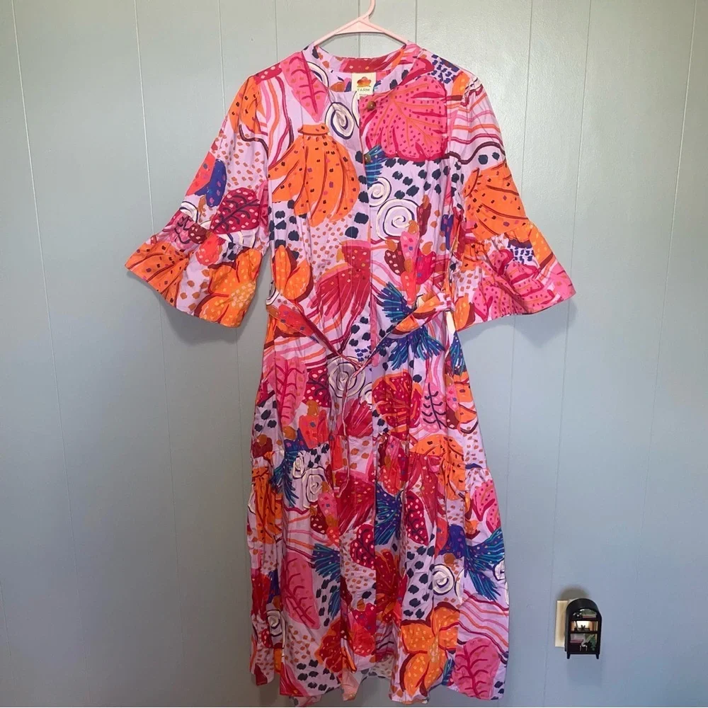 FARM RIO Botanical Print Belted Mid Dress Large - Picture 2 of 8